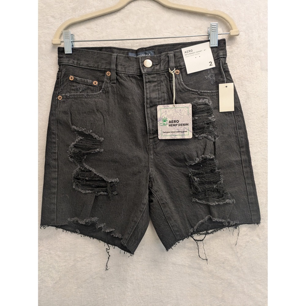 AERO 90s Baggy Short 6 Inch Distressed Denim Shorts Black Size 2 New With Tags‎